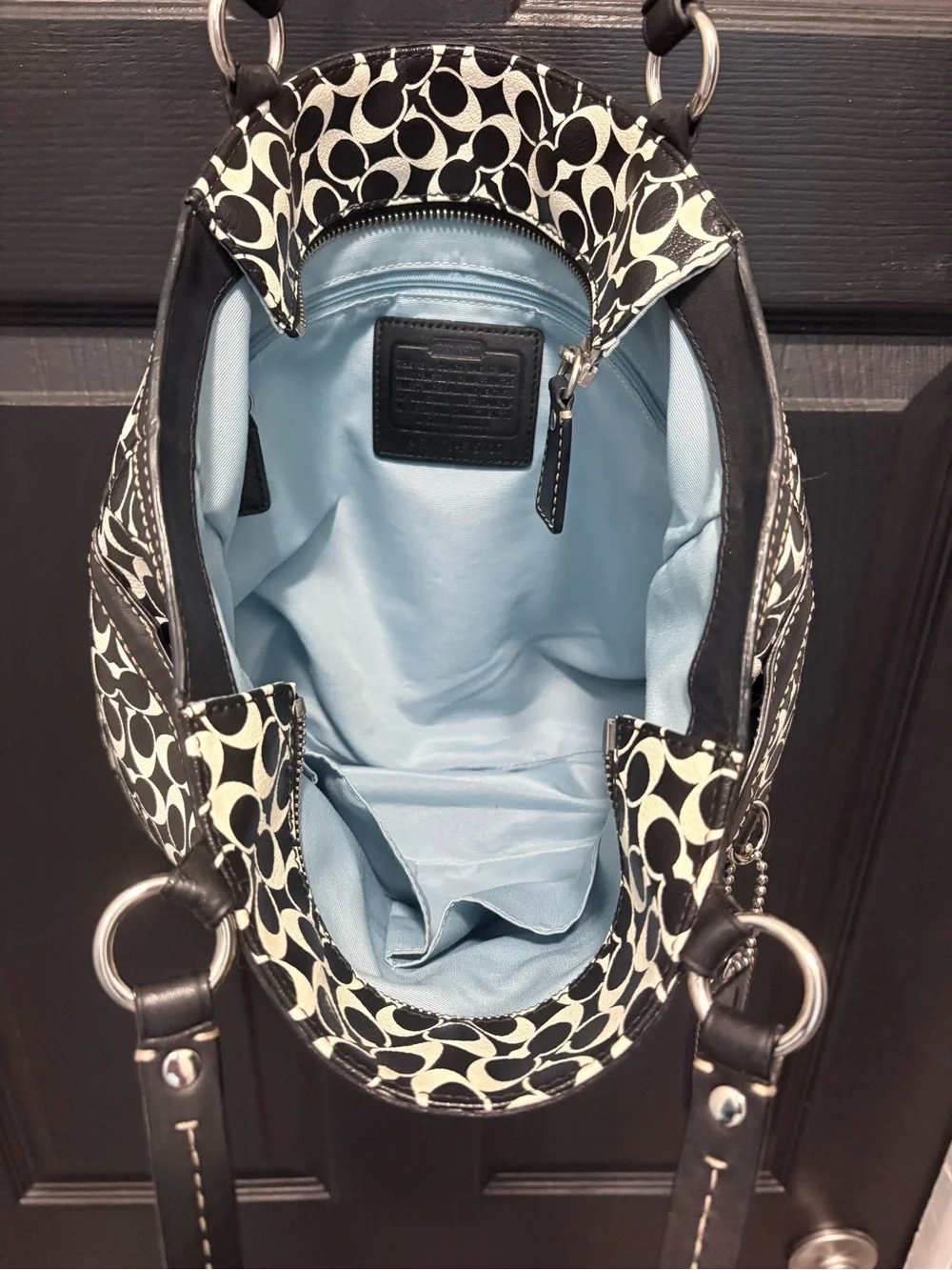 Coach Black and White Signature Tote with Striped Detail-Great condition